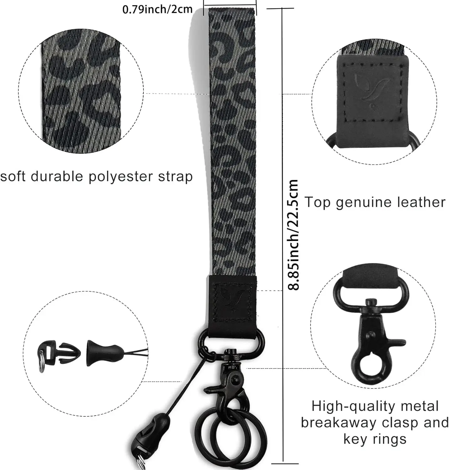 Cute Wrist Lanyard for Keys, Keychain, Wallet, Id Holder, Cell Phone, Wristlet Lanyard Key Chain Holder（Black Leopard）