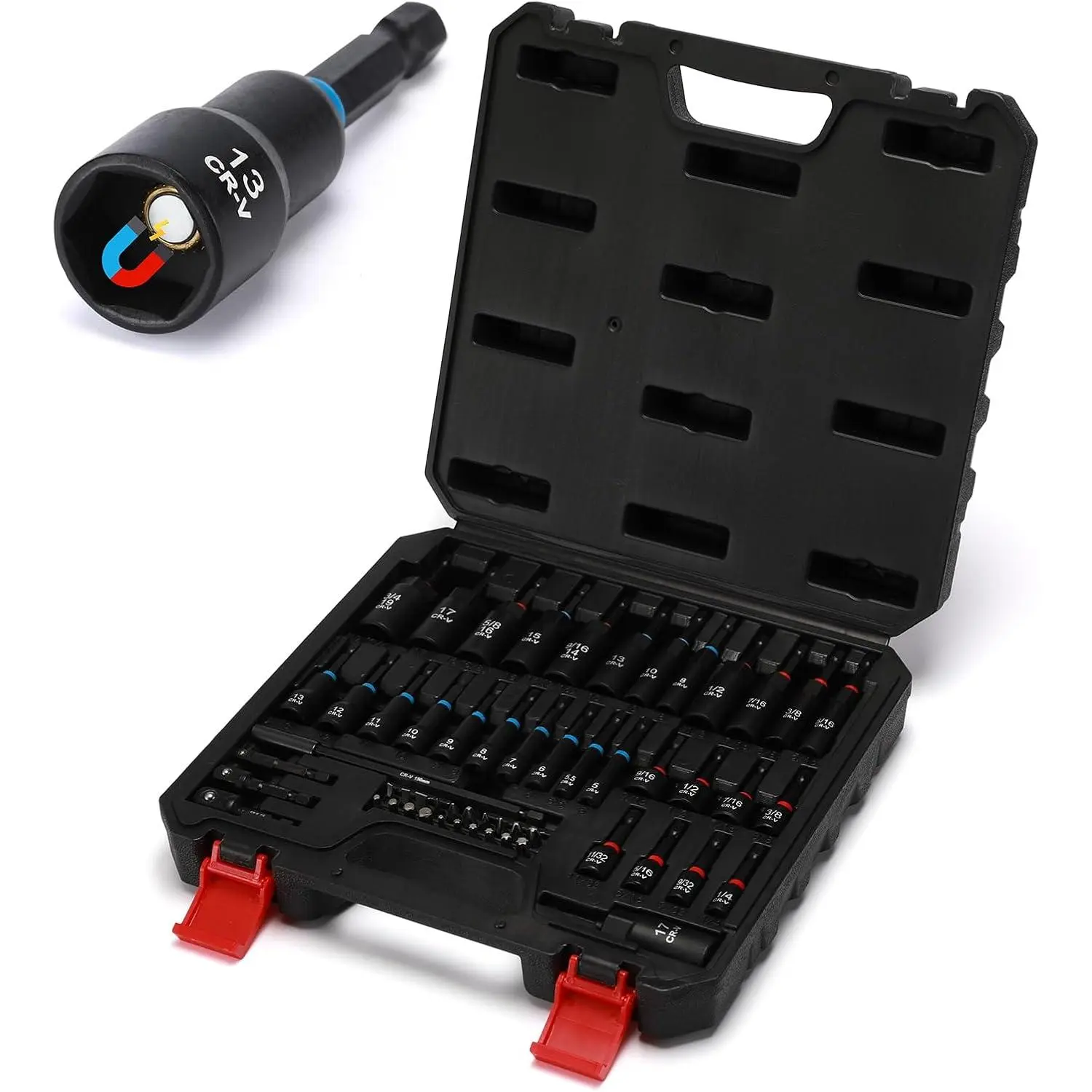 55 count  Nut Driver Set, Metric & SAE  Impact Drill Driver Bit, Deep Nut Driver Set, Wing Nut Driver, 1/4" Quick Change, Heavy Duty Socket Adapters & Bit Extensions, Storage Box