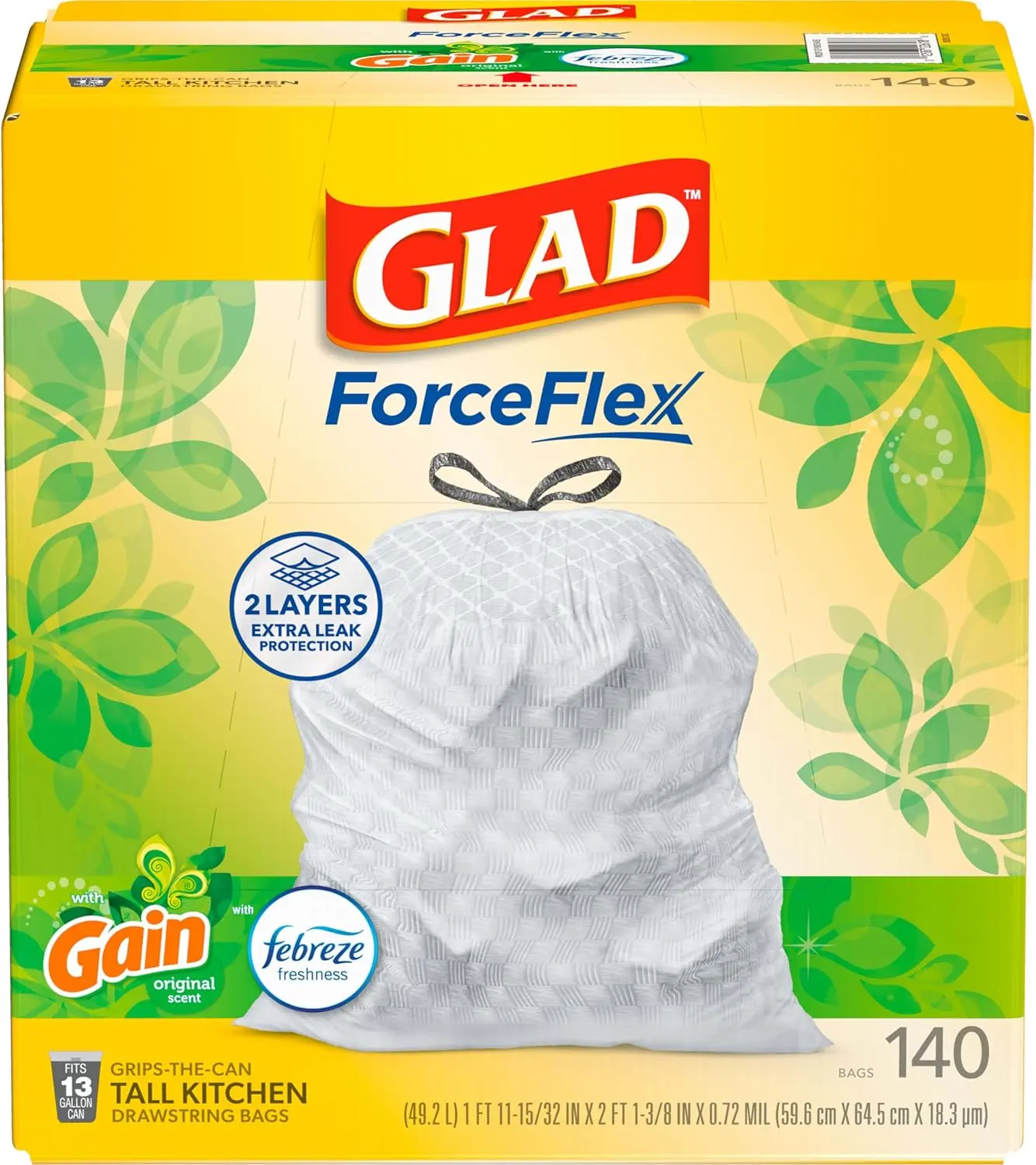 Glad ForceFlex 13-Gal Kitchen Trash Bags, Rip-Tear Resistant, Gain Original Scented, Febreze Odor Control, Tall Garbage Bags, 140 Count