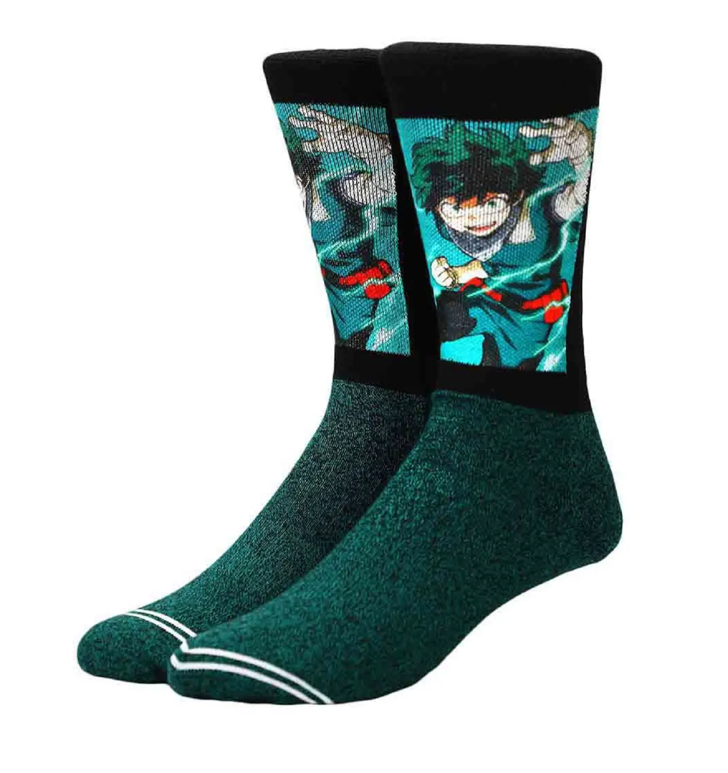 Women's My Hero Academia Deku Print Crew Socks - Polyester-Spandex Blend, Cushioned Footbed, Arch Support, Pockets, Compression, Deep Heel Pocket, Casual Fashion, Fits Shoe Size 8-12