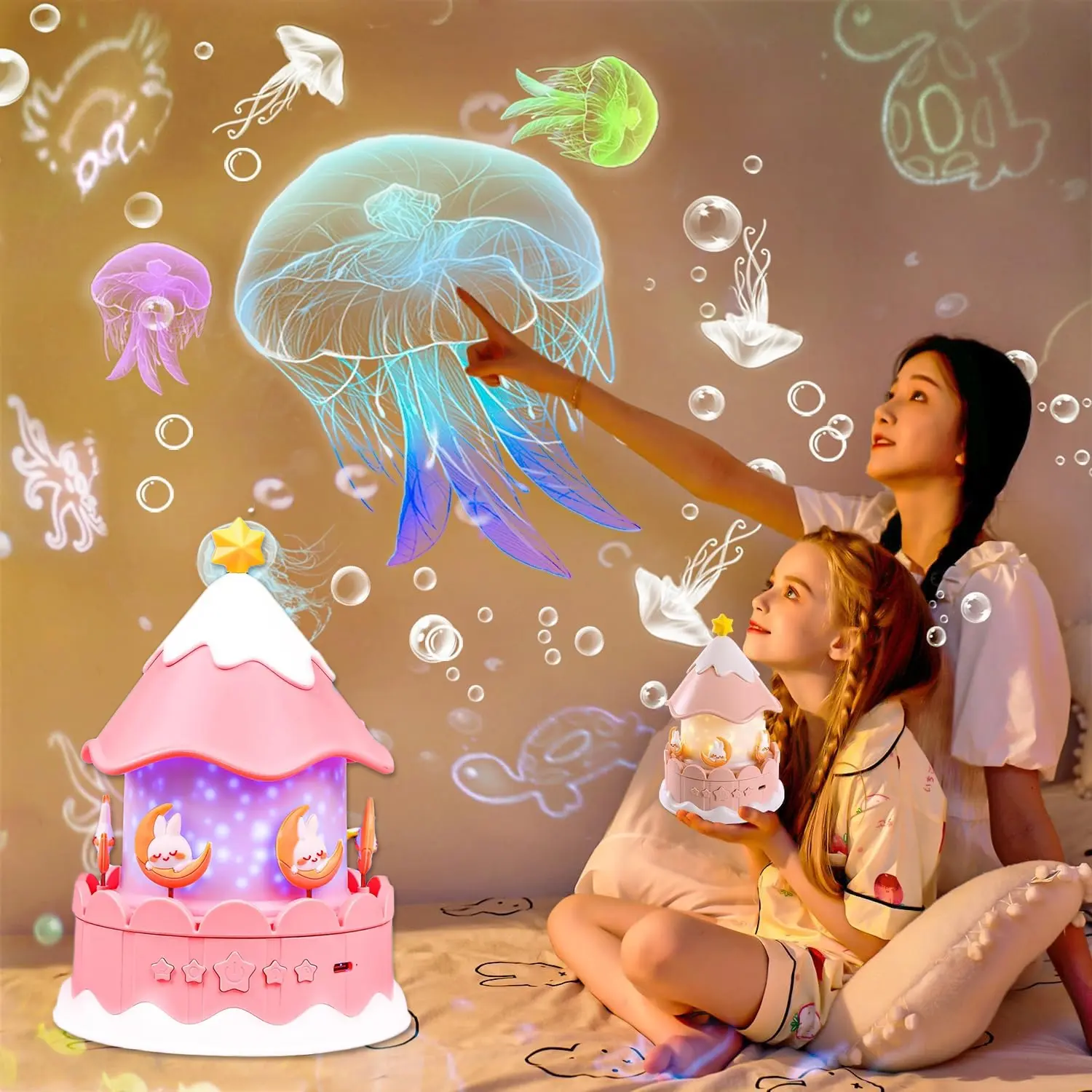 Kids Rotating Carousel Night Light Projector, Aurora Projector Lamp, 10 Songs & 21 Movies, Remote Control, 360° Stars, Star Projection, Unicorn Toy for Girls Room Decoration Gift