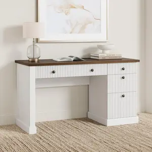 54 Inch Modern Fluted Wood Office Desk with Drawers, Charging Station and File Storage, Home Office Computer Writing Study Desk