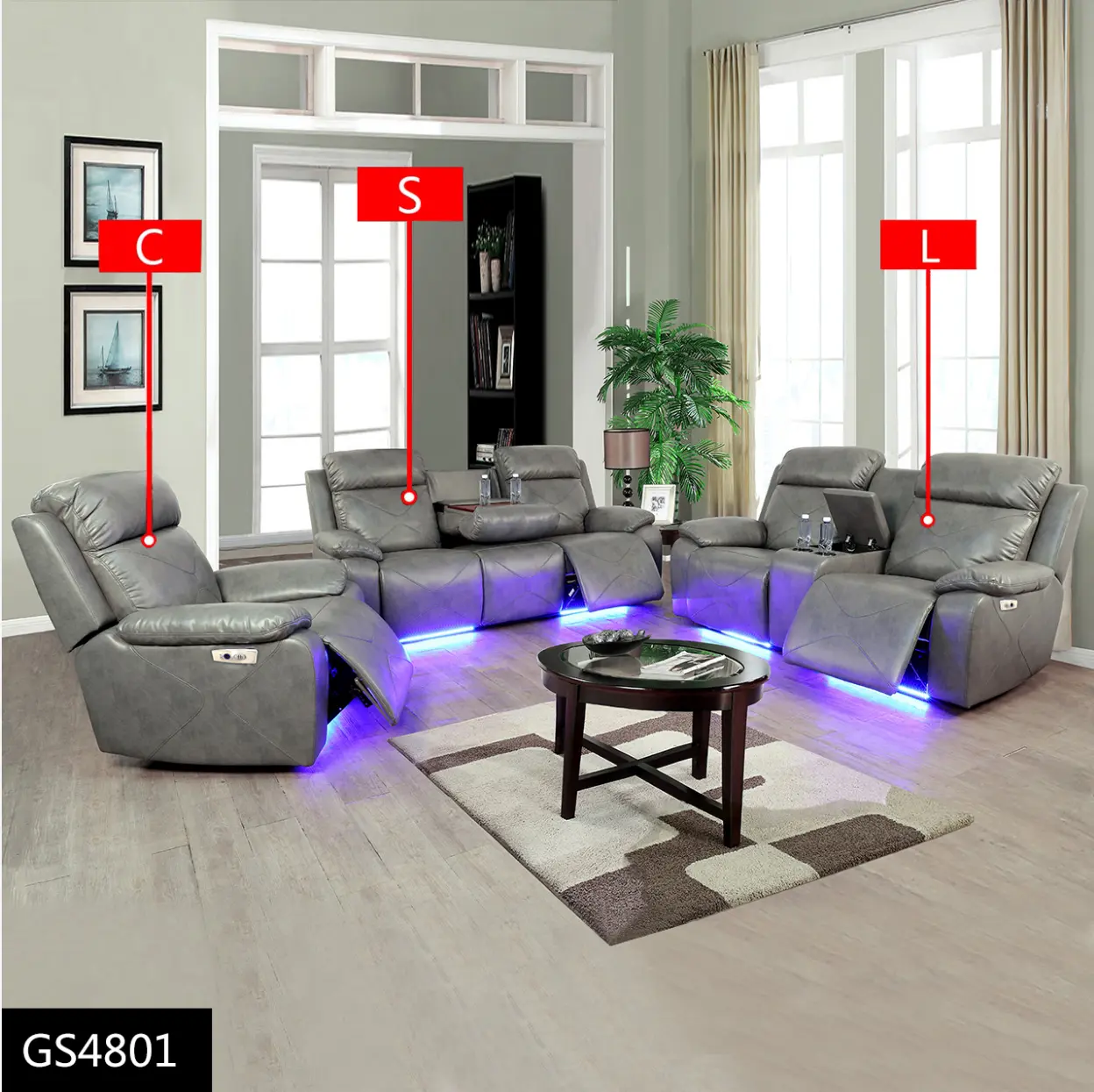 Air Leather Power Recliner Sofa Set with LED, Reclining Living Room Furniture Sets, Power Recliner Couch Set with USB Ports for House/Home Theater