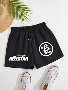 Women's American Casual Summer Streetwear Drawstring Sport Shorts, H-Type Loose Fit, Hellstar Letter & Side Face Print, Fashionable Comfort