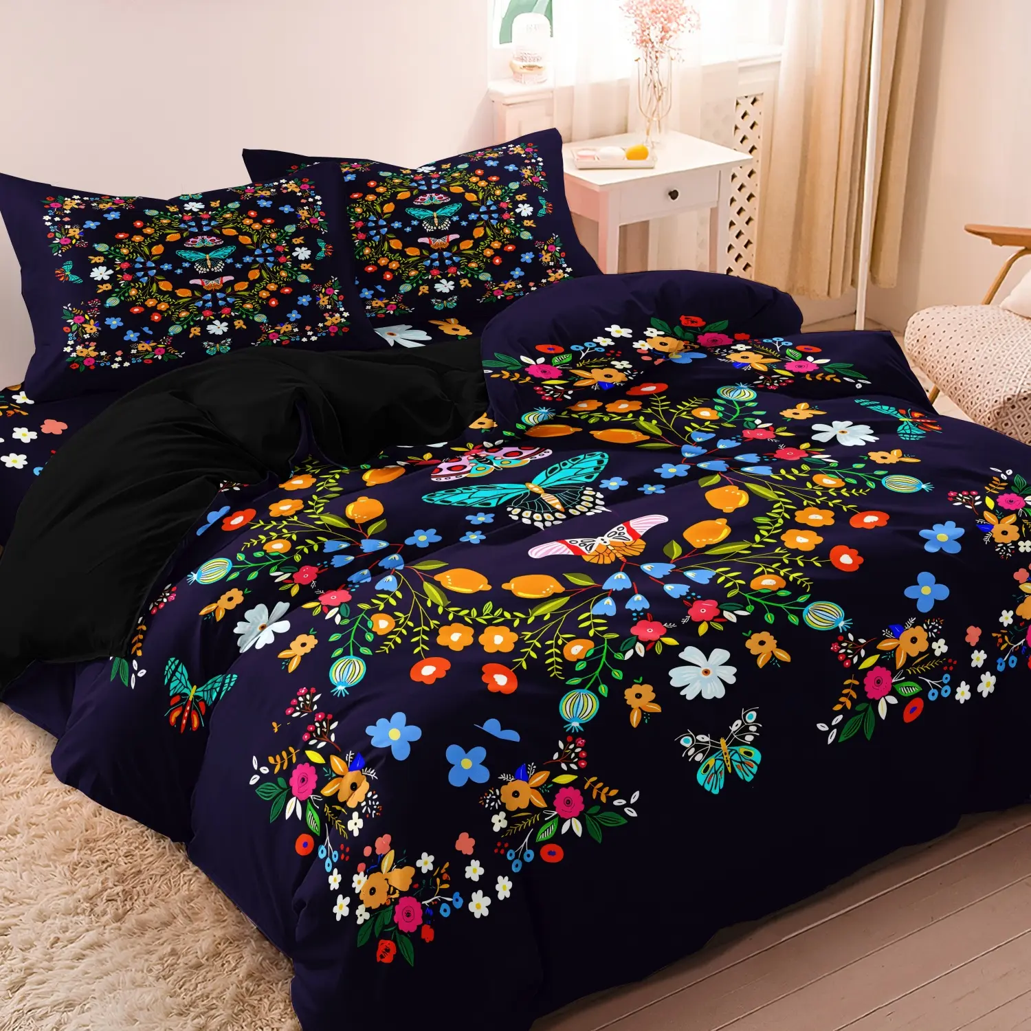 3pcs/Set Rich And Colorful Flower Garlands Plant Printing Bedding Duvet Cover Sets,Butterfly Animals Digital Printing Duvet Cover,Soft Comfortable Bedding Set For Home Bedroom Hotel,(Including 1 Duvet Cover & 2 Pillowcases,No Core),Decorative Duvet Cover