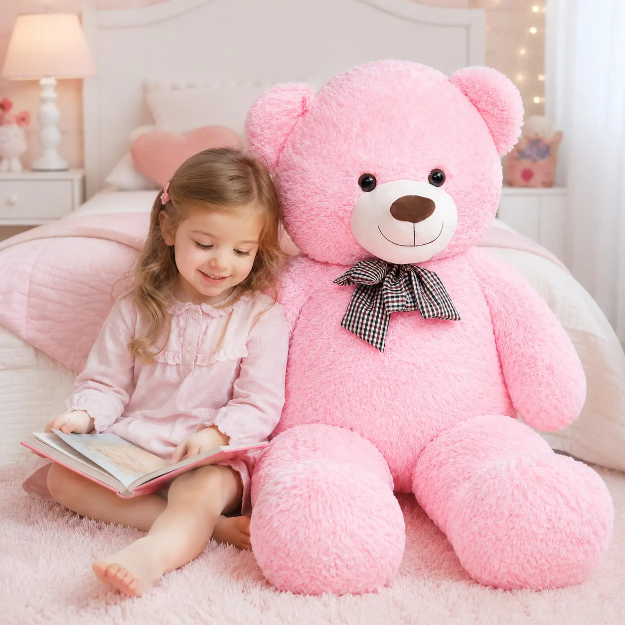 CHUBBYJOY 43In PP Cotton Giant Pink Stuffed Teddy Bear, Large Plush Toy with Checkered Bow Tie, Soft Huggable Cuddle Item for Girls, Gifts for Women, Unisex Room Decor & Birthday Xmas Holiday Present