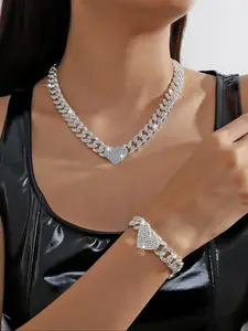 Rhinestone Heart Decor Chain Necklace & Bracelet, Hip Hop Style Vintage Elegant Jewelry Set, Cool Chunky Cuban Chain, for Party, Daily Decor, Trendy Jewelry for Gift, Valentine's Day, Gift