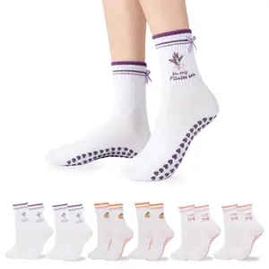 Professional Yoga Socks – White Mid-Calf, Anti-Slip, Lavender, Orange & Pink Heart Design for Pilates, Gym & Fitness