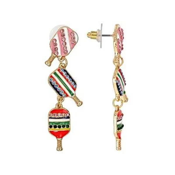 Jtv Pickleball Paddle Dangle Drop Earrings - Gold Tone with Multi-Color Enamel, Crystal Accents, Bling Effect, Goldtone Shine, All-Season, Casual, Feminine Costume Jewelry, Everyday Sparkle