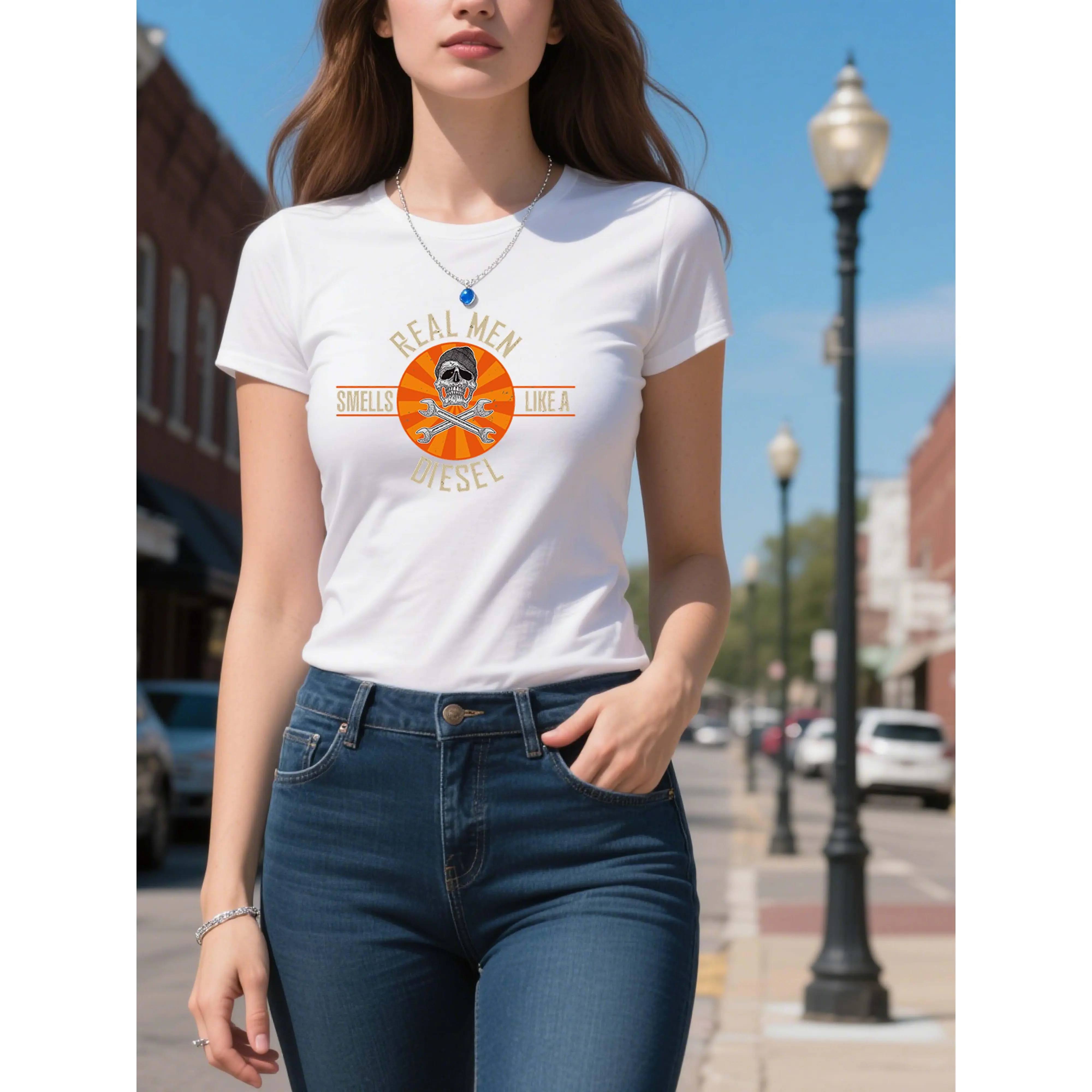 Ladies' "Diesel - Scented Bold" T-Shirt with Vibrant Orange Background, Skull and Wrenches Graphic, and "REAL MEN SMELLS LIKE A DIESEL" Text Summer Cotton Soft Womenswear Comfortable Tshirt