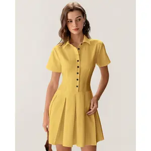 Yellow Button Pleated Mini Dress