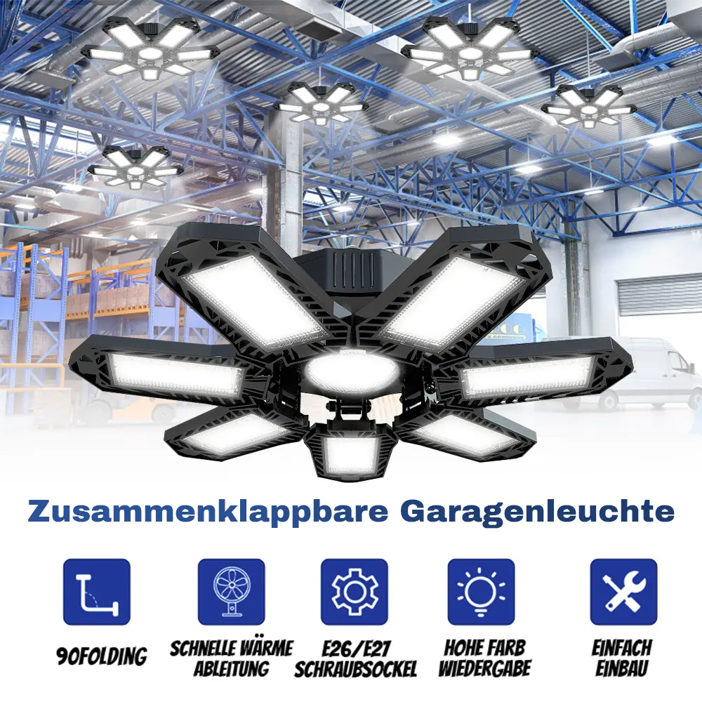 FOLDABLE GARAGE LIGHT 600W Deformable Bright Shop Ceiling Bulb Lamps E26/E27 6500k Barn Warehouse Garage Foldable 7+1 Panel Work Light Super Bright Illumination Easy Installation