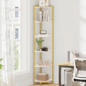 Corner Shelf Stand, Corner Bookshelf, Storage Standing Shelf Unit with Metal Frame,  Stand, Corner Bookcase for Living Room, Home Office, Bedroom, 6-Tier White  CS06003A