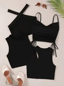 Women's Knitted Hollow Out Drawstring Crop Top Set, Summer Fashion Casual Sleeveless Vest, 4 Piece Short Tank Tops for Women, Outdoor