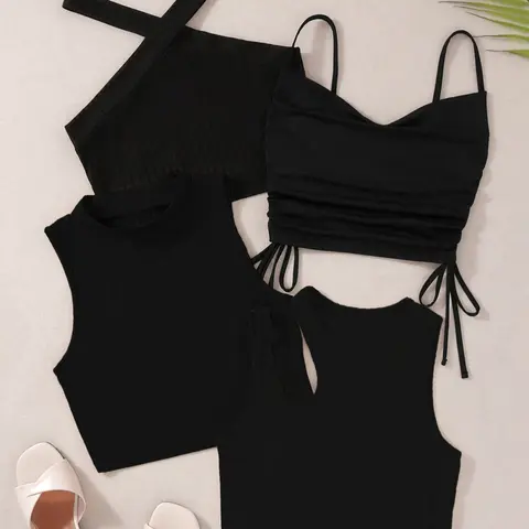 Women's Ribbed Knitted Hollow Out Drawstring Crop Top Set, Summer Fashion Casual Sleeveless Cropped Vest, 4 Piece Short Slim Fit Tank Tops for Women, Outdoor, Camisole Neck Halter, Backless Tank
