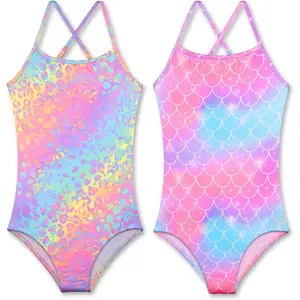Girls Sparkle Swimsuits Quick Dry Crossback One Piece Beach Swimwear Bathing Suit with Adjustable Strap 4-9 Years