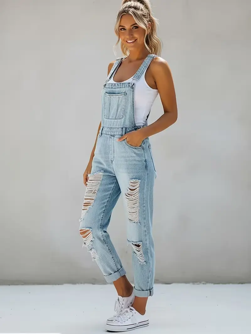Women's Ripped Denim Overalls Jumpsuit - Sleeveless Jeans Romper with Adjustable Straps & Pockets, Solid Color Casual Wear Suitable for Daily Wear & Semi-Formal Events, Jeans-Jumpsuit for Women (No Dry)