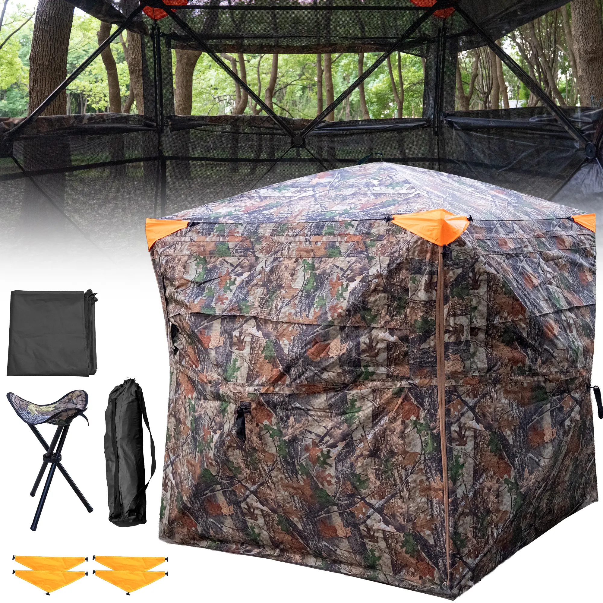 Hunting Blind with Chairs - 360° See Through Ground Blind with Floor Mat, 2-3 & 3-5 Person Pop Up Hunting Blind, Camouflage Carbon Fiber Holster for Deer & Turkey Hunting
