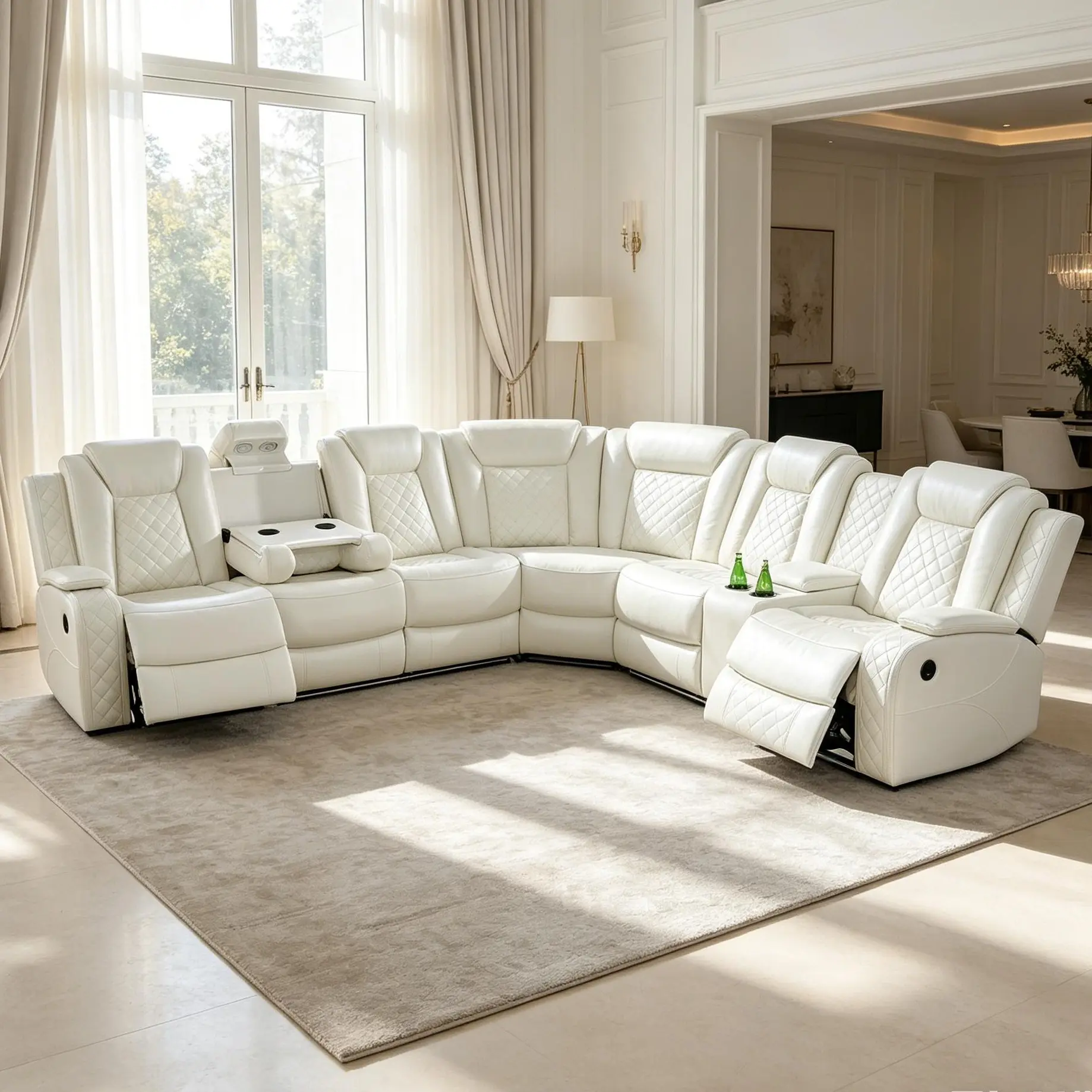 Family 3-Piece White Stain-Resistant Waterproof Leather Power Reclining Comfy Couch with Cushion - Sturdy Standard Frame, High-Density Foam, Adjustable Arms, Easy Quick Cleaning, Hardware-Included, Assembly Required for Leisure Watch Parties