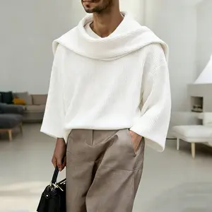 INCERUN Menswear Long Sleeve Plain Minimalist Oversized Comfy Elevated Men's Pullover Tops - Soft Casual Knitwear with Relaxed Structured Cape Collar, Loose Fabric for Fall Winter Daily Wear
