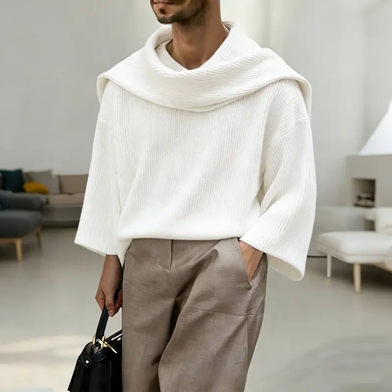INCERUN Men's Oversized Sweater, Chic Rib Knit Pullover with a Structured Cape Collar, Casual Long Sleeve Tops for Sweater Weather