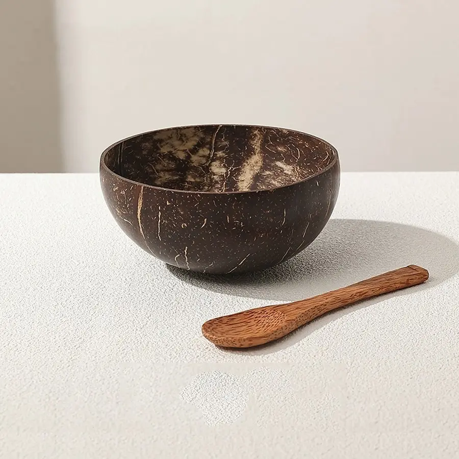 2pcs/Set Include 1 Coconut Bowl and 1 Wooden Spoon, Coconut Bowl and Wooden Spoon Set, Healthy Vegan Salad Bowl Set, Smoothie Bowl, Fruit Salad Bowls, for Home Kitchen Restaurant, Kitchen Supplies, Tableware Accessories, Salad Serving Bowls