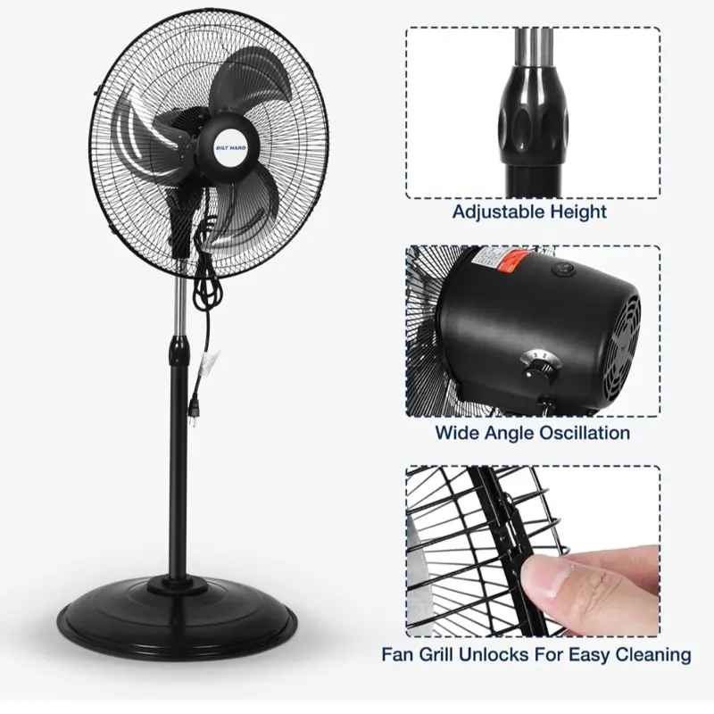 BILT HARD 3900 CFM 18" High Velocity Pedestal Oscillating Fan - 3-Speed Heavy Duty Metal Standing Shop Fan with Aluminum Blades, UL Listed for Commercial, Residential Use