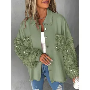 Contrast Sequin Tassel Fuzzy Patchwork Shacket - Stylish, Unique, Elegant Design