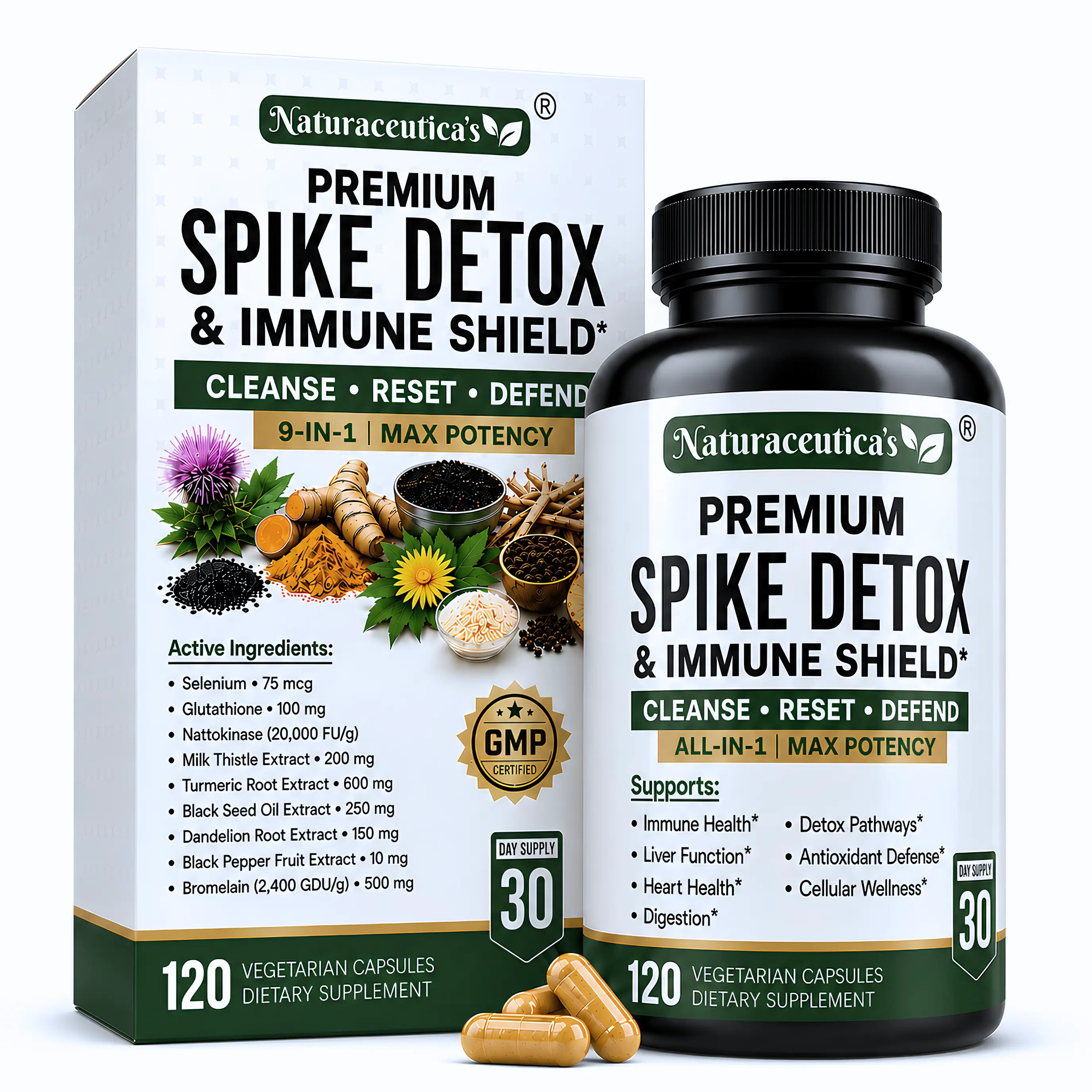 Naturaceutica Spike Detox & Immune Support Healthcare Dietary Supplement - Nattokinase, Bromelain, Curcumin - Non-GMO Liver Cleanse, Blood Circulation Aid - 120 Capsules