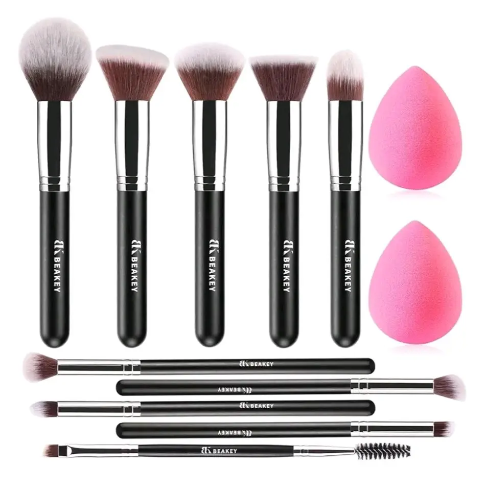 BEAKEY Makeup Brushes Set, Professional Foundation Eyeshadow Concealer Blush Powder Bronzer Applicator, 2 Blender Sponge with Beauty Paper Case