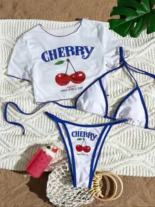 Women's Bikini Set Swimsuit Three-Piece Cherry Letter Print Mesh Chiffon Cover-Up, Perfect Summer Beachwear, Casual Fitted Style, All Seasons