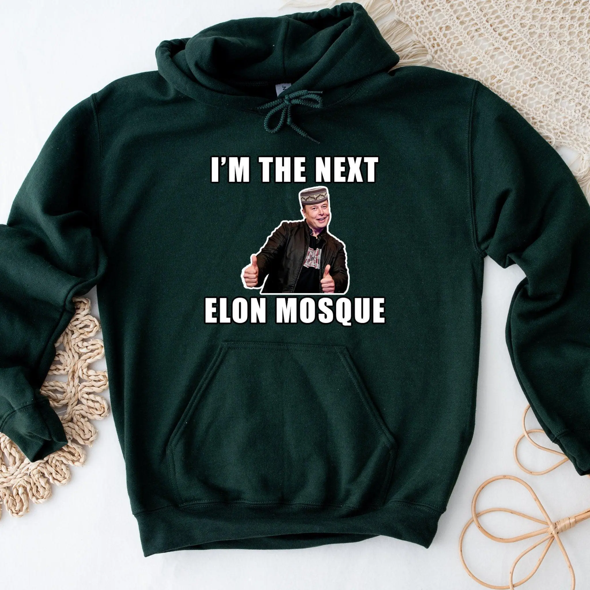 I'm the Next Elon Mosque Hoodie by Humraha | Desi Arab Muslim Fashion Apparel Gifts for Ramadan Eid Nikkah Wedding Couples Families New Moms Aunts Uncles Grandparents | Pakistan India Bangladesh Palestine Lebanon Egypt Syria