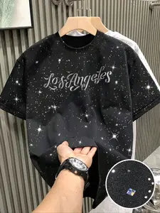 Men's T-Shirt Silver Color Embroidered La Letter Print Round Neck Short Sleeve T-Shirt Casual Solid Summer Top Casual Style Tee Fashion Essential