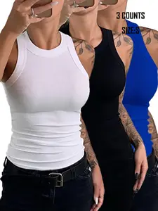 Women's Solid Ribbed Round Neck Tank Top Set, Casual Sleeveless Top Set for Summer, Ladies Clothes for Daily Wear, Womens Clothes, Women's Tops