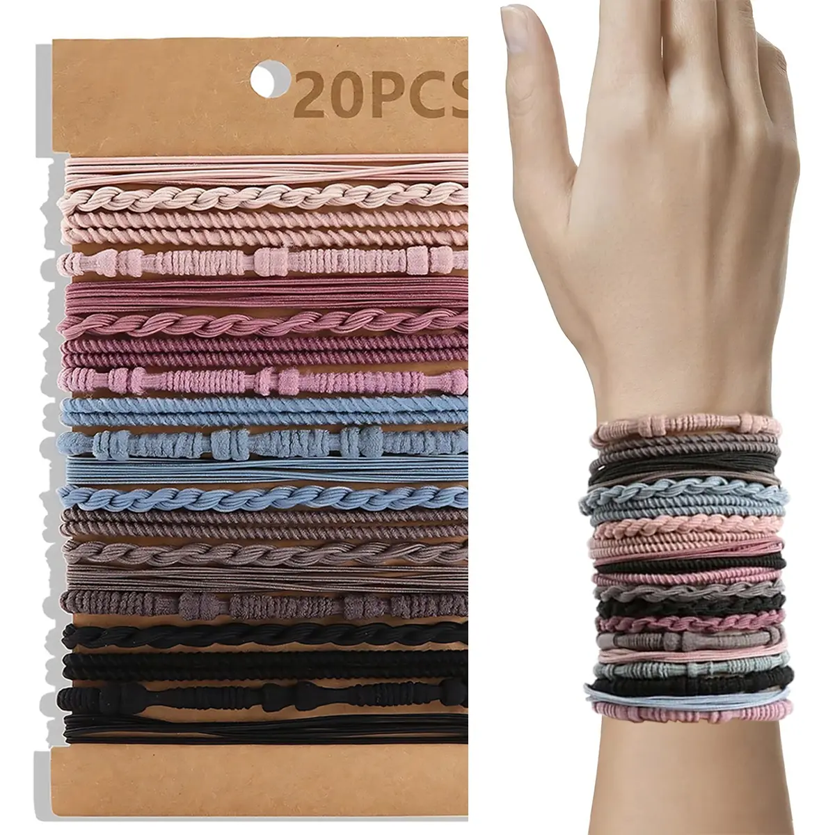 Boho Hair Ties 20 Pcs - Thicker, Stretchy, Durable, No Pull Nylon Hair Ponytail Holder for Women and Girls, Fit for Thin, Long, Curly Hair, Also as Bracelet