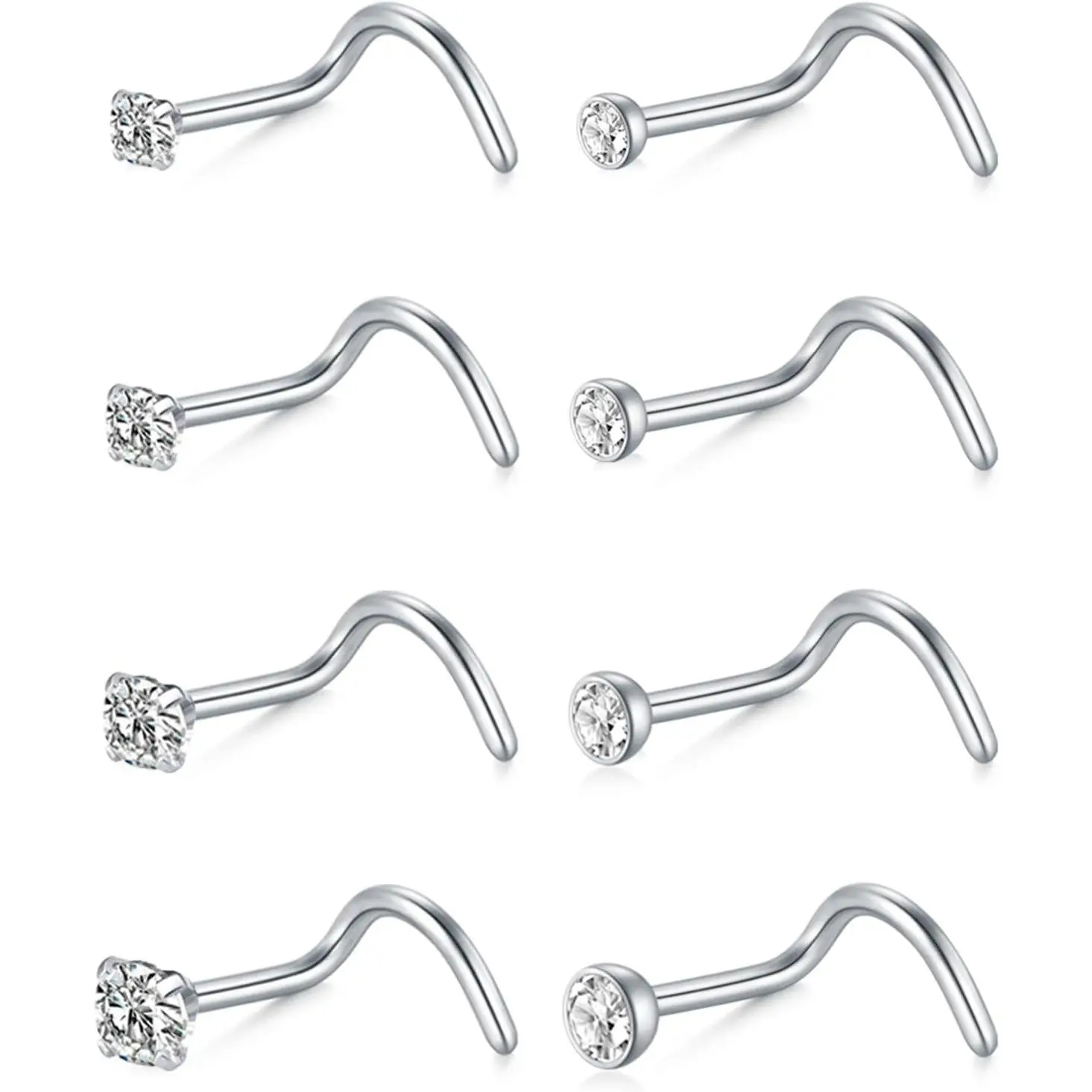 Modern Unisex Surgical Stainless Steel Body Piercing Jewelry Set - 18g-20g Solid Metal, C4-18g L Shape, E2-18g-L Shape Stud (8pcs), Corkscrew Nose Accessories