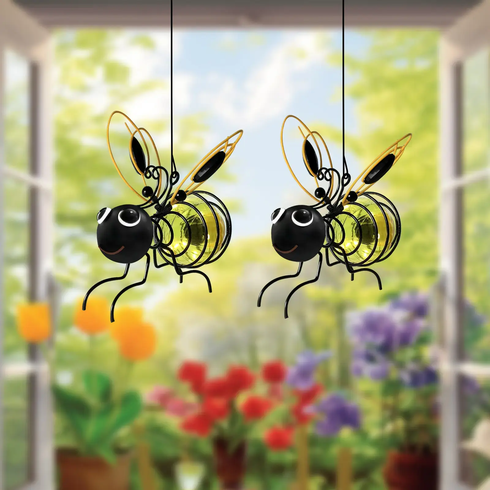 Outdoor Hanging Solar Bee Light, Glowing Metal Bee with Hook and Spring, Solar-Powered Decoration for Yard, Garden, and Backyard, Outdoor Lighting, Garden Decorations