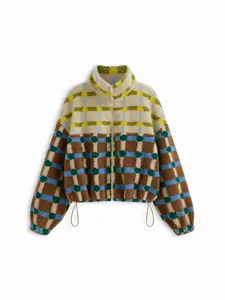 Cider Fleece High Neck Two Tone Checks Drawstring Oversized Jacket