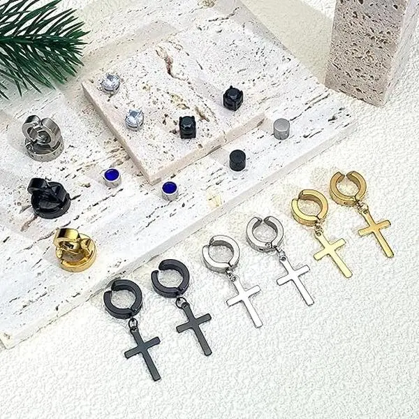 11 pairs Stainless Steel Magnetic Stud Earrings Clip on Dangle Magnet Earrings Cross Hoop Dangle Earring Non-Pierced CZ Hoop Magnetic Stud Earrings for Men Women