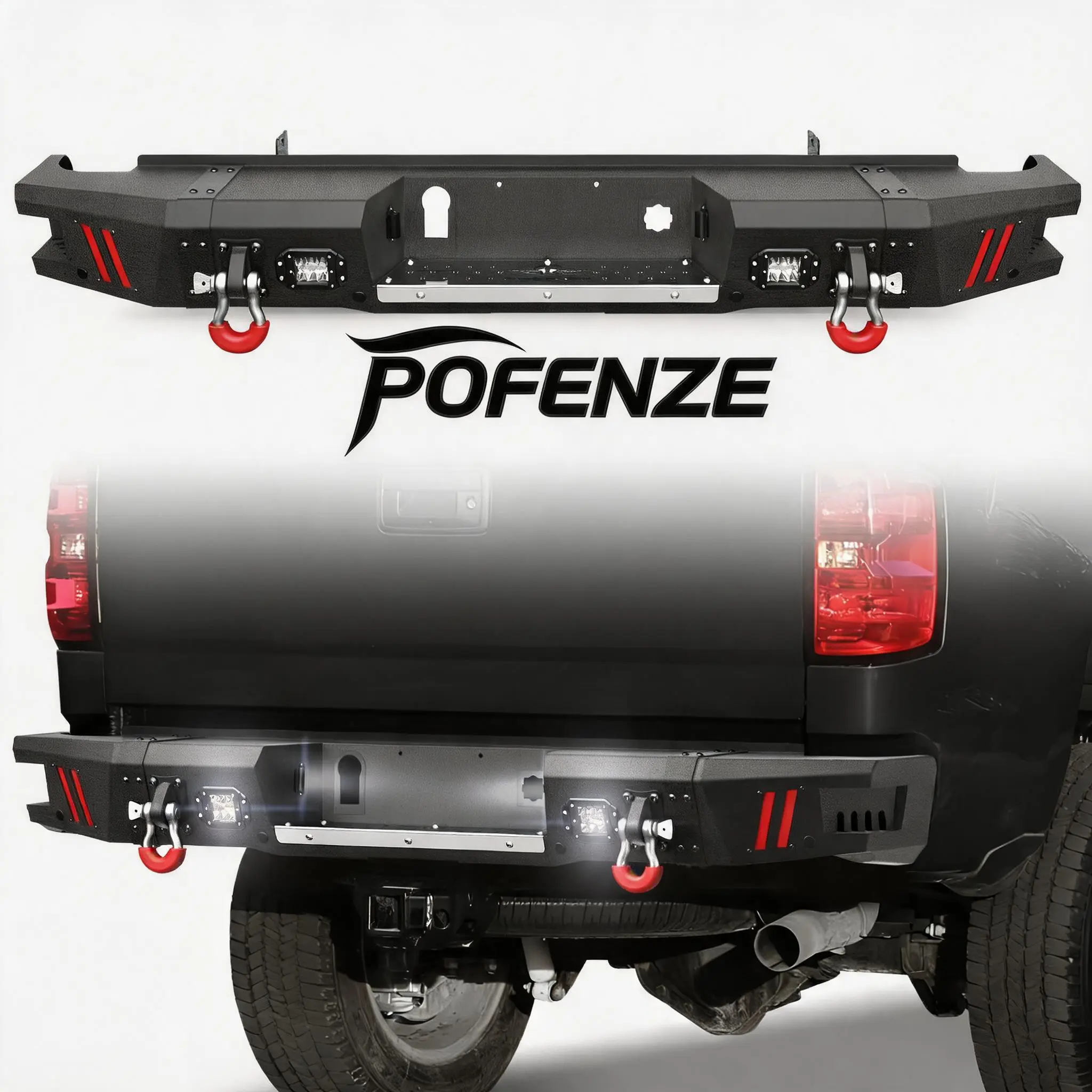 POFENZE-NADIA Silverado Rear Bumper for Chevy Silverado/GMC Sierra 2500/3500 2015-2019, Pickup Truck Bumper for Chevy Silverado/GMC Sierra 2500/3500, w/Step Plate, Lights, Sensor Holes and D-rings fck bars rigid industries beds