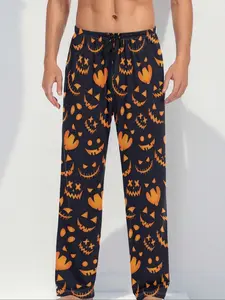 Men's Halloween Pumpkin Pattern Pajama Bottoms, Autumn Winter Sleepwear Pants, Comfortable Casual Lounge Wear for Men
