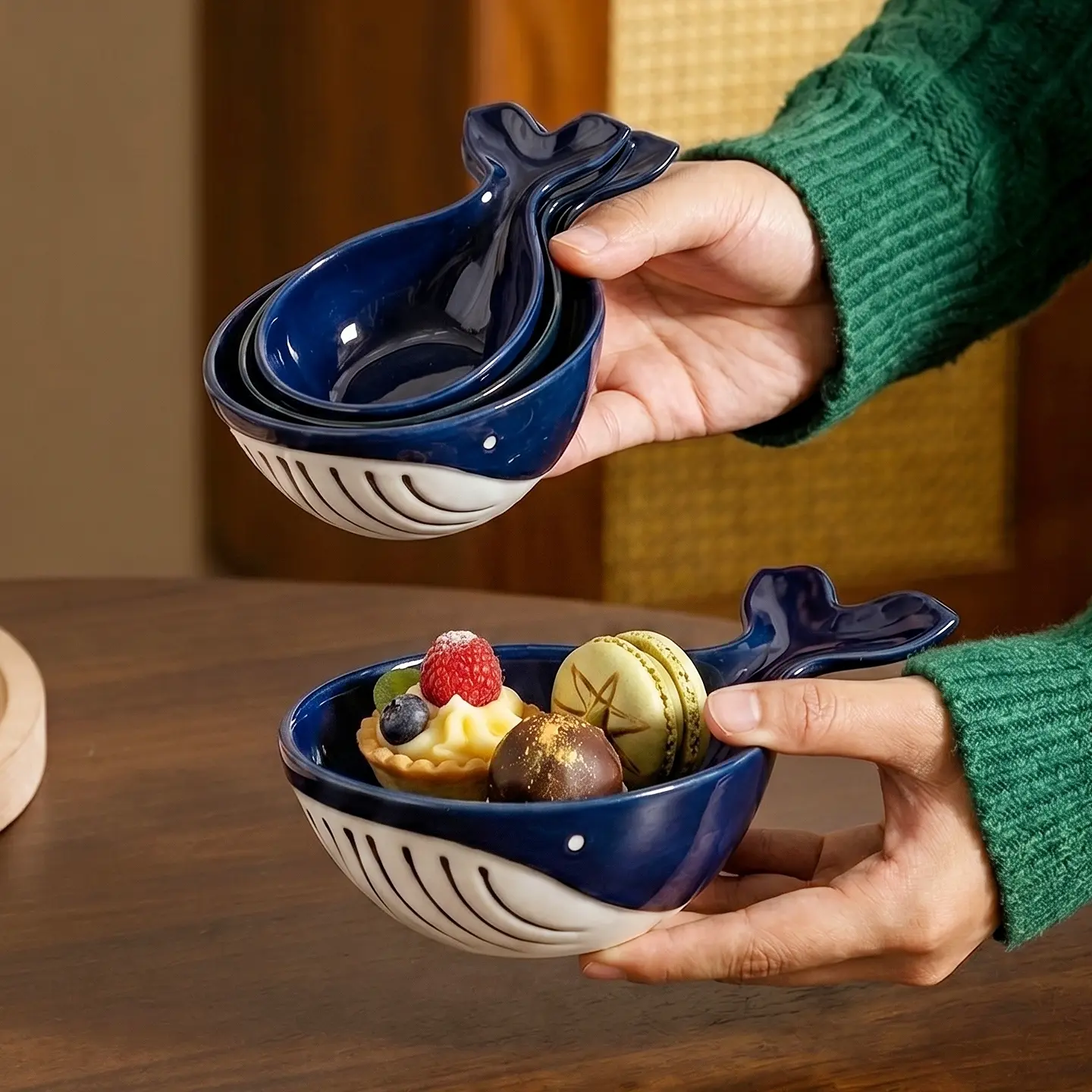 HongDian Whale Bowl 3pc Set - Multi-Size Stackable Mini Ceramic Tableware Bowls with Handles, Premium Fade Proof Underglaze, Oven Microwave Dishwasher Sterilizer Safe, for Sauce, Pet Water (220ml, 150ml, 80ml)