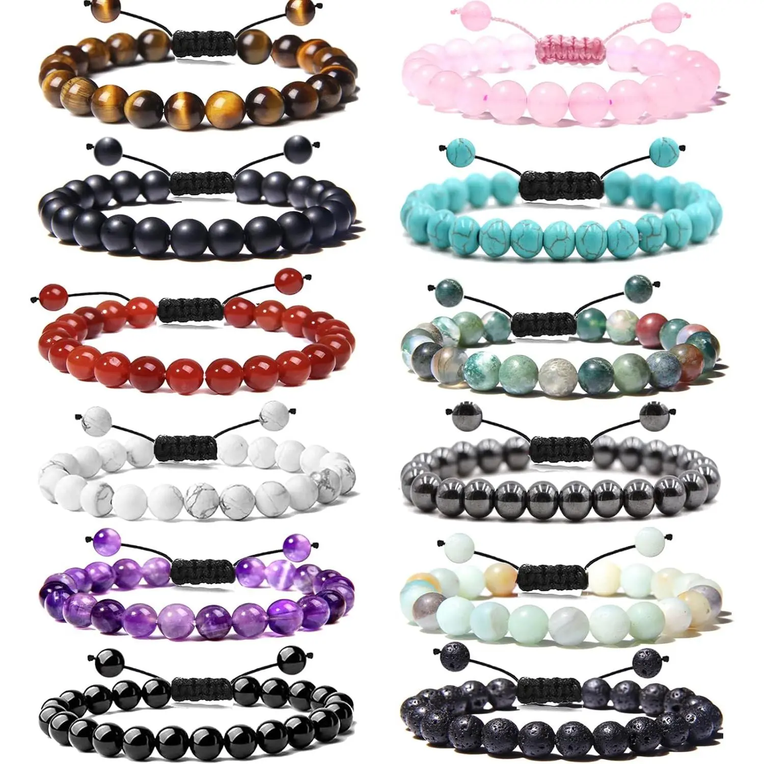 12-Piece 8mm Beads Stone Bracelets Set, Unisex Adjustable Knot Elastic Charm Jewelry with Tiger Eye & Amethyst for Anniversary, Birthday Gifts, Adds Elegance to Men & Women, Calming Anxiety