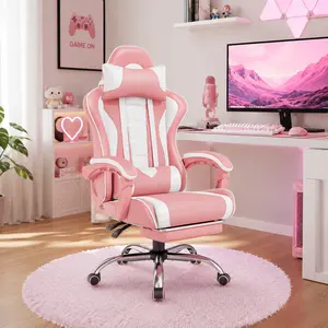 Costoffs Ergonomic Gaming Office Chair - Racing Wheel Base, Height-Adjustable, Durable Cushioned Desk Chair with Footrest, Massage Lumbar Pillow, 135° Reclining Backrest, Head Pillow, Padded Armrests, Mute Castors for Home Office Bedroom (Sweet Pink), Gam