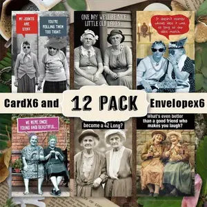 A set of 12-piece fun ladies birthday cards (with envelopes), designed in vintage hues, suitable for Christmas, Halloween, Valentine's Day, Thanksgiving, Fun Party Cards