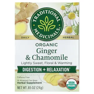 Traditional Medicinals Organic Ginger & Chamomile, Caffeine Free, 16 Wrapped Tea Bags, 0.85 oz (24 g)