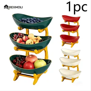 Gold Rimmed 3 Layer Fruit Vegetable Basket Plastic, Multi-Functional Kitchen Storage Basket, Food Tray for Refrigerator, Home Party Use Kitchen Storage Rack
