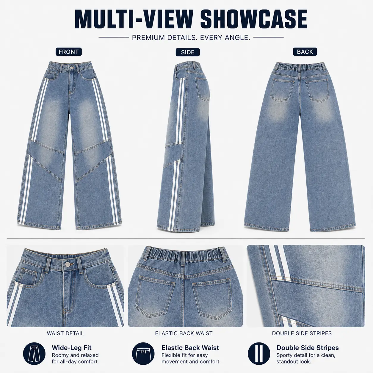 Men's & Women Wide Leg Baggy Jeans, Light Wash Denim Pants with Side Stripes, Elastic Back Waist Loose Fit Streetwear Jeans, Y2K Hip Hop Skater Pants with Pockets