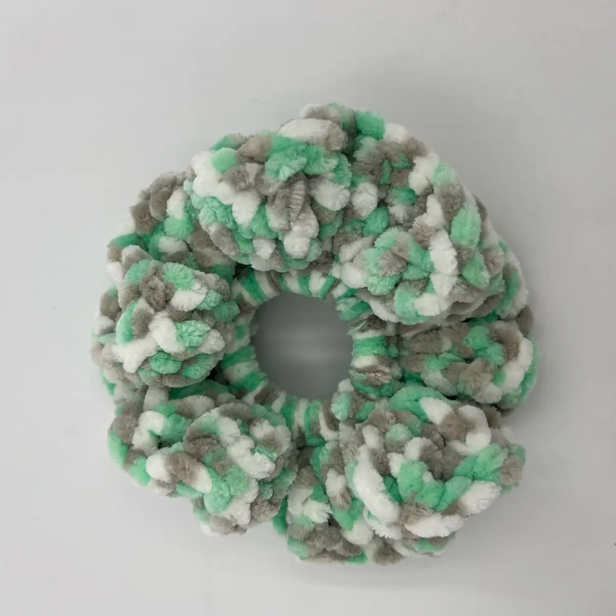 Crochet Scrunchie in Green, Grey, and White - 2 Pack