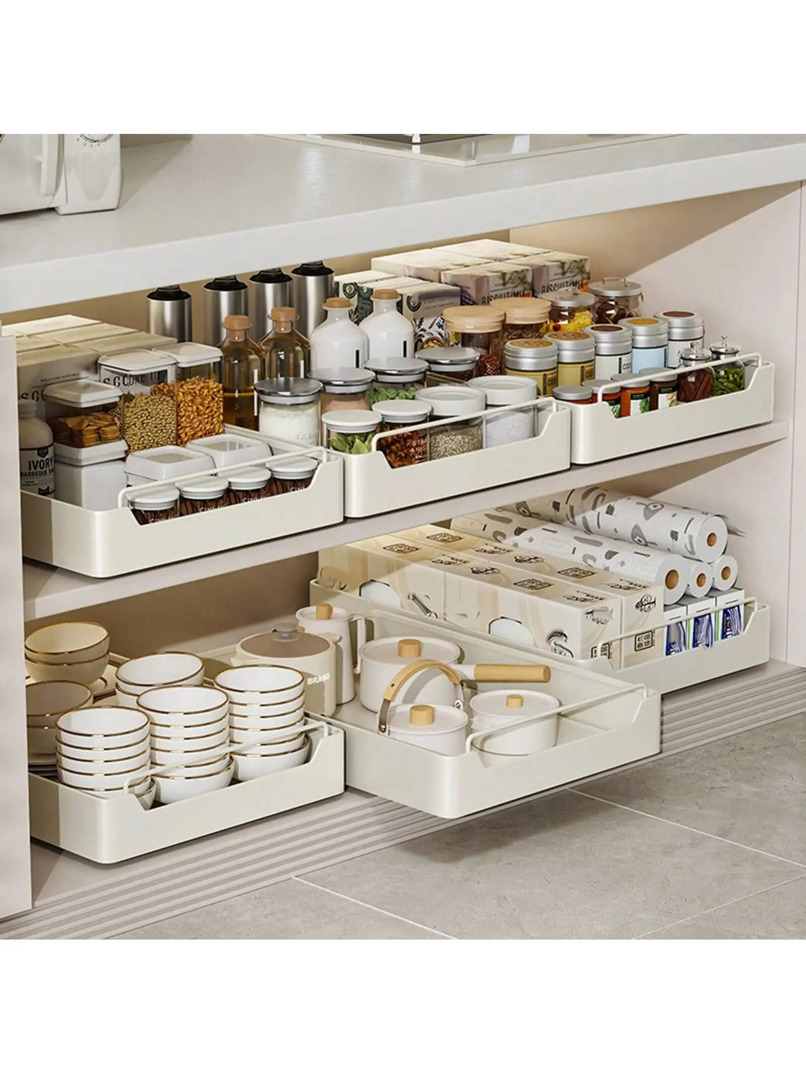 Gaomon Pull-Out Cabinet-Rack Organizer - 40cm White Adjustable Noise-Free Dampened Slide Shelves, Nylon Adhesive Installation, Heavy-Duty Load Drawers, Space-Saving for Kitchen Utensil, Bathroom Under-Sink, Baking Storage